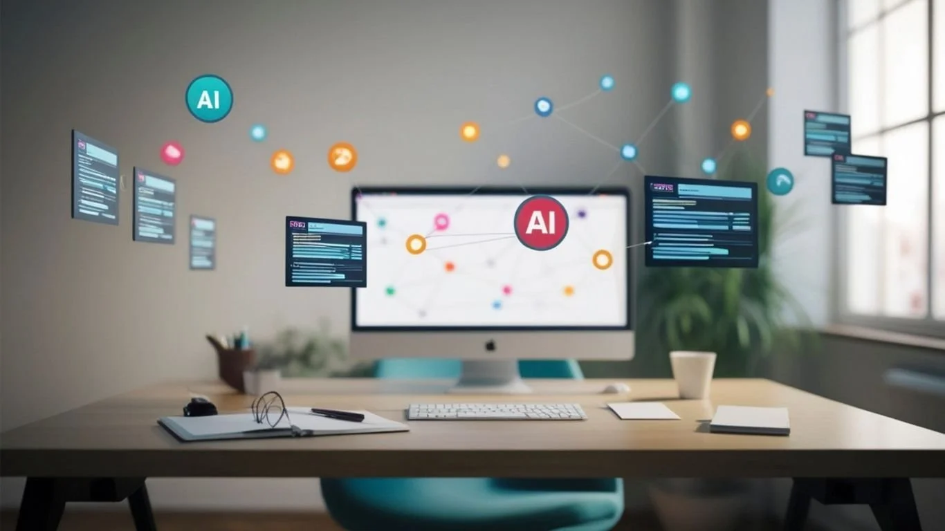 small business desk with ai icons floating in the air above a computer